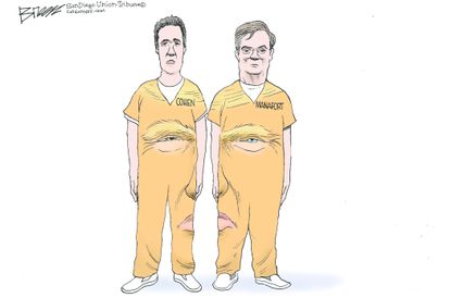 Political cartoon U.S. Michael Cohen Paul Manafort guilty prison Trump