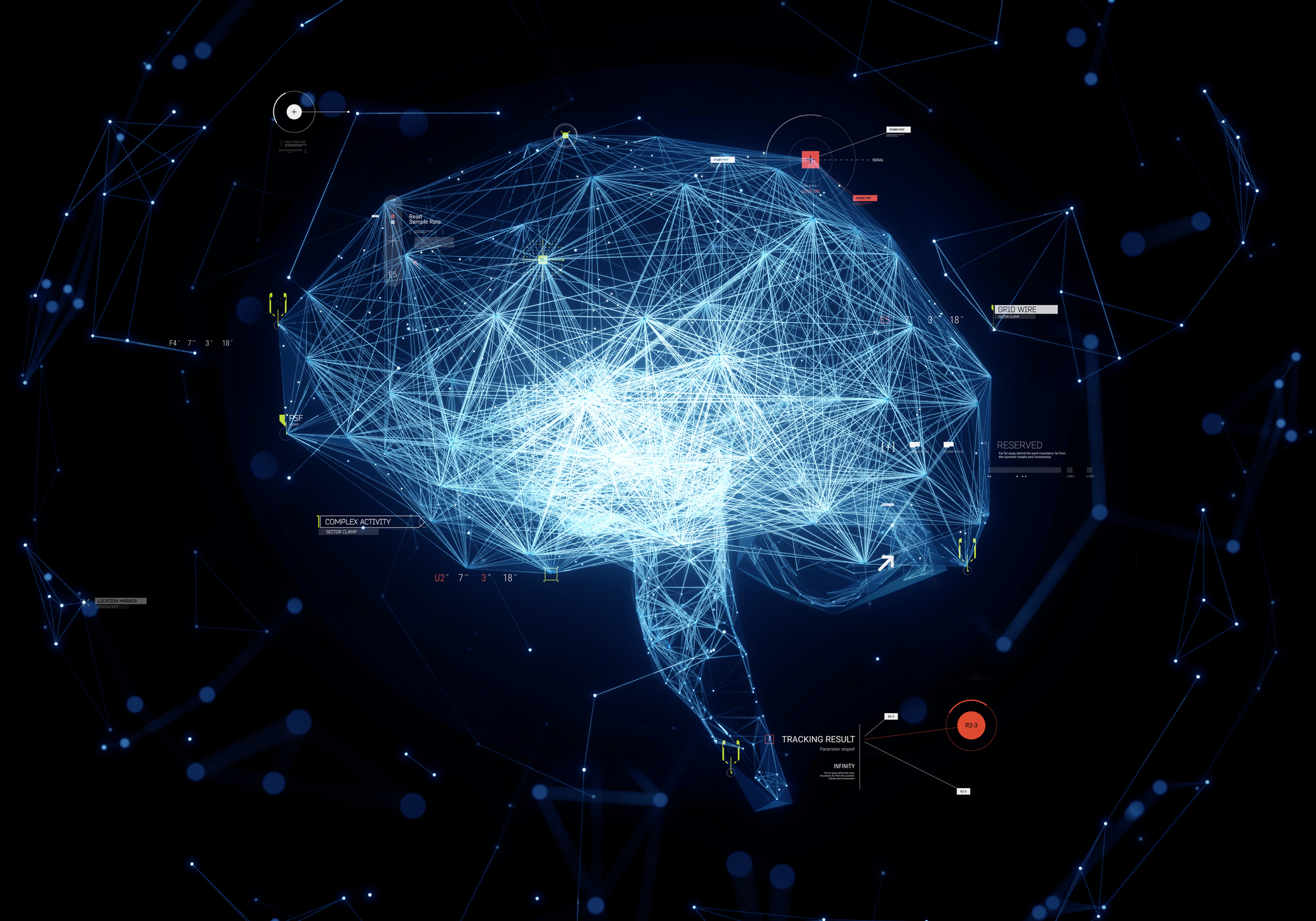 Digital generated image of plexus style glowing net data brain on black background