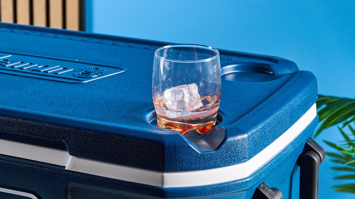 the coleman classic cooler coleman xtreme cooler in 54-quart in blue with a fish ruler and drinks holders on the lid and a drain tap