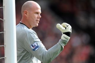 Goalkeeper Brad Friedel gives instructions to his defenders while playing for Aston Villa against Manchester United, 2009