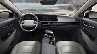 A view of the whole dash, door-to-door, inside the Kia EV6