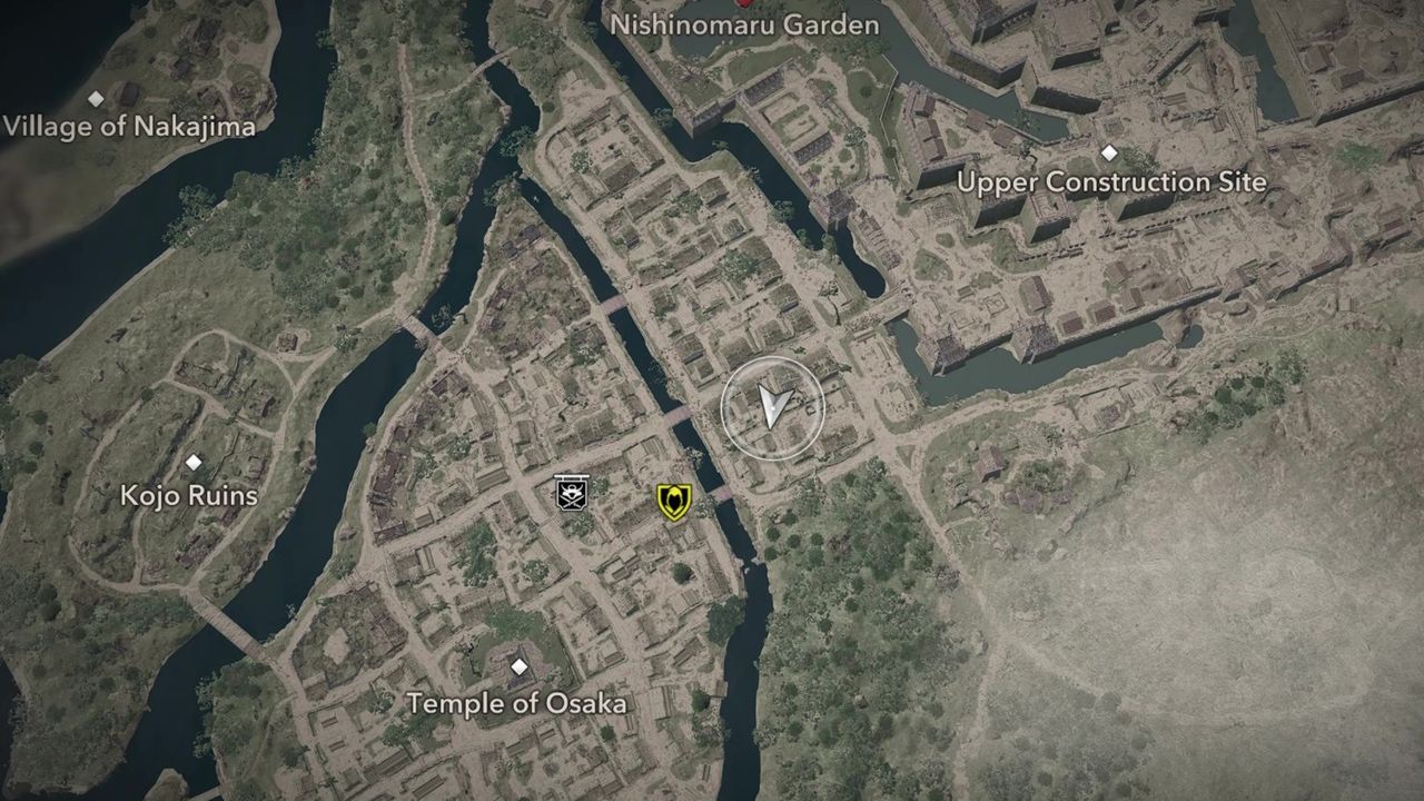 Assassin's Creed Shadows Butterfly Collector locations - A map showing the location of the seventh butterfly in Osaka.