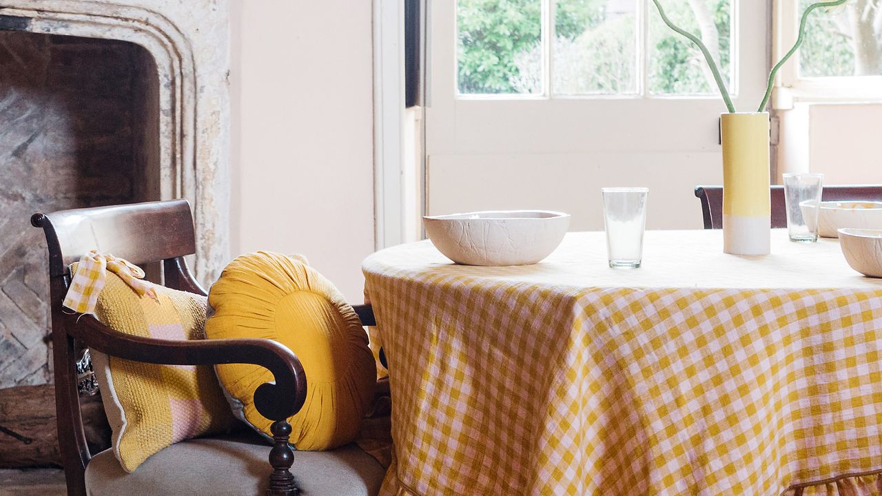 Orange and white tablecloth