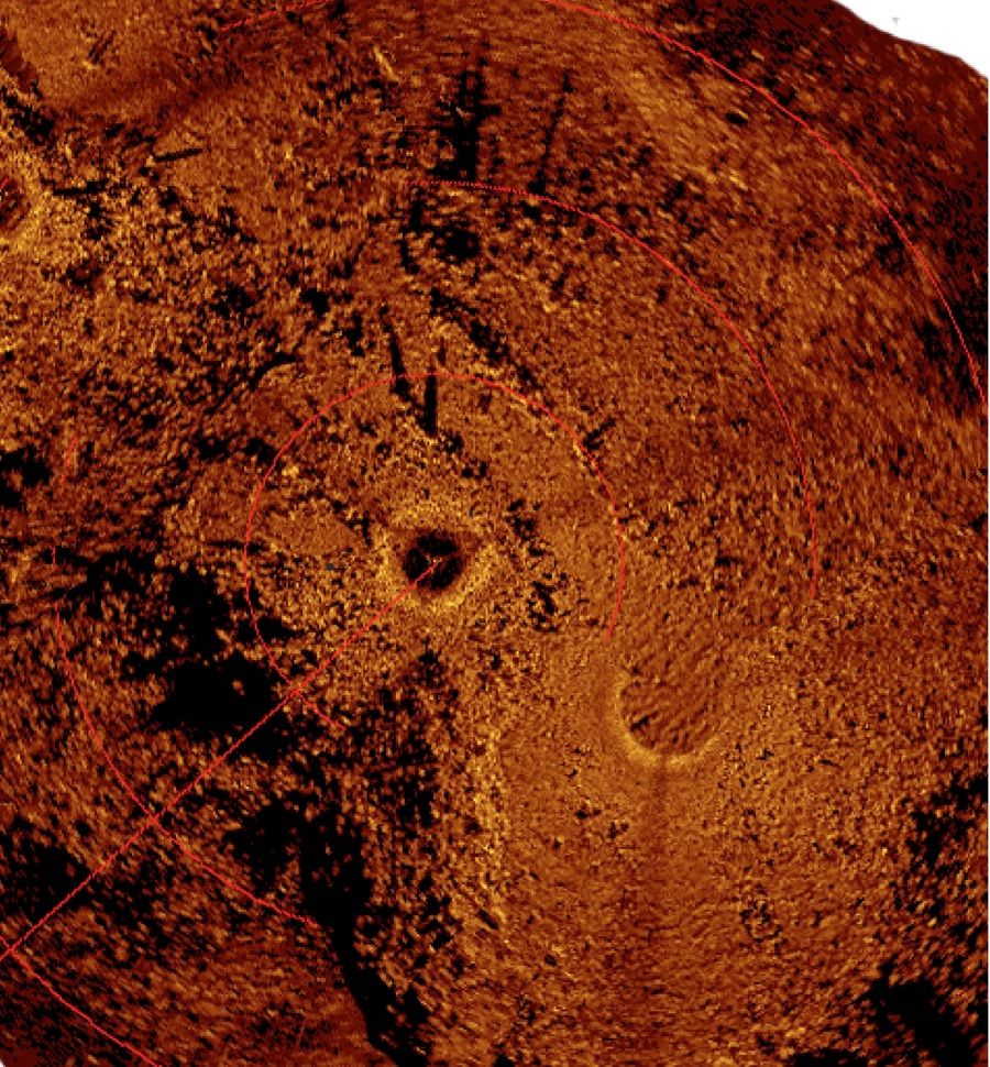 An acoustic image of the ancient caribou hunting site produced via a mosaic of scanning sonar images. (Light colored objects are stones that produce a strong acoustic signature while dark areas are acoustic shadows.)