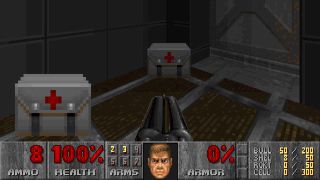 The red cross appeared in Doom but was later changed with the re-release to a red pill..