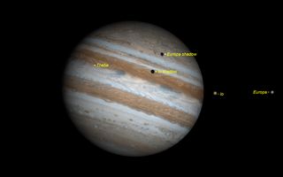 Two Galilean moons, Europa and Io, will cast shadows on Jupiter on Aug. 16, 2018. Europa will lead the way, beginning its transit at 7:56 p.m. EDT (2356 GMT). Io will follow about 9 minutes later, and the two moons' shadows will be visible until 10:10 p.m. EDT (0210 GMT on Aug. 17).