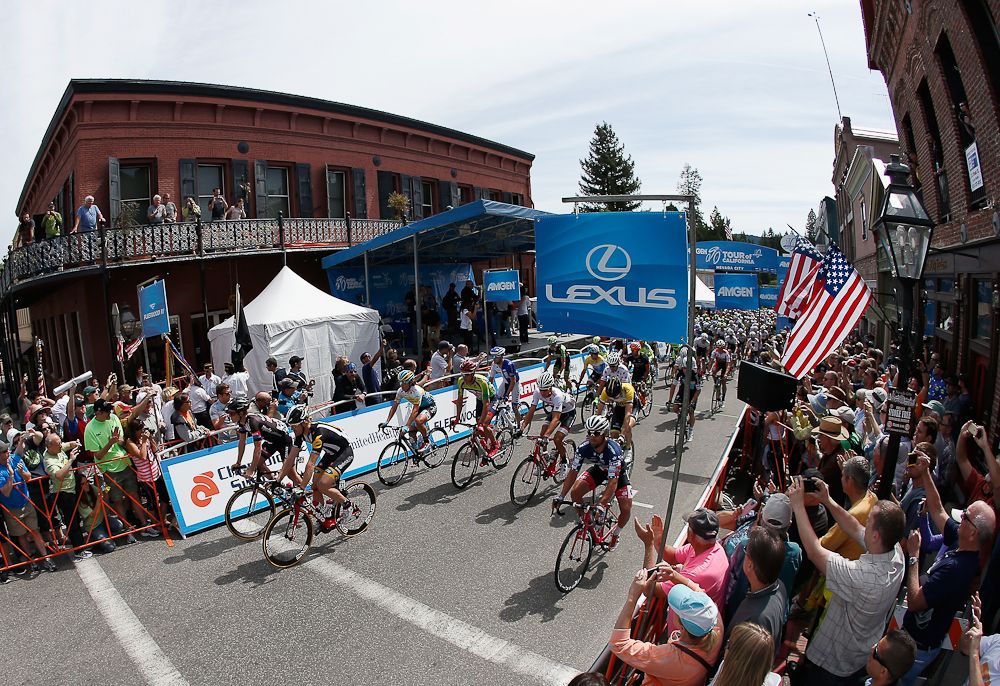 The peloton rolls out of Nevada City.