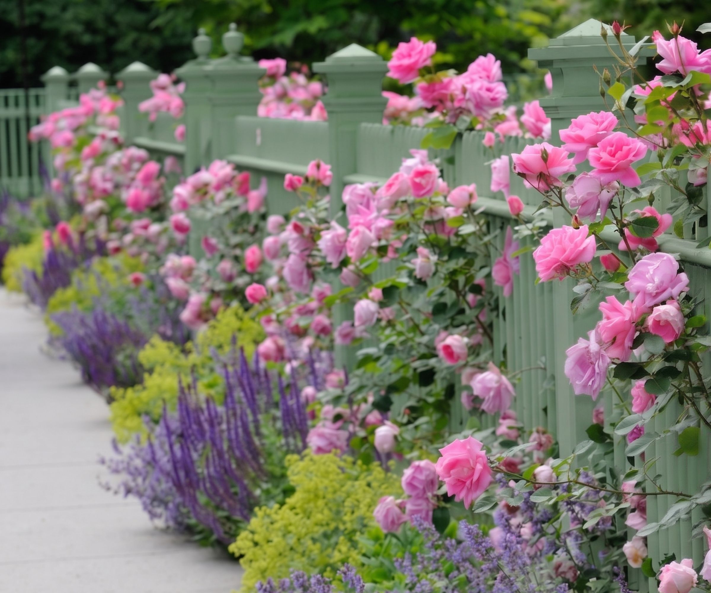 Green fence and pink roses in residential garden. Also sage (salvia) catmint and lady's mantle bordering sidewalk