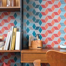 wooden study table and shelves