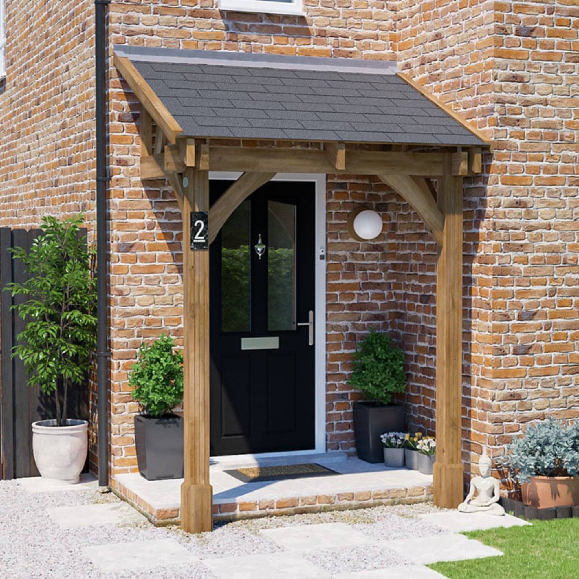 wood lean to style porch top brick house with black front door