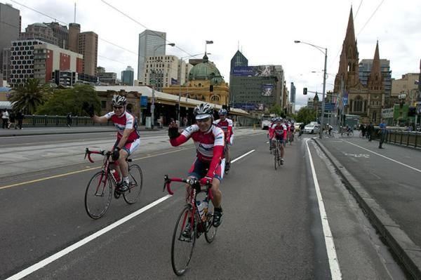The riders leave the Melbourne CBD on their 15,000km ride around Australia.