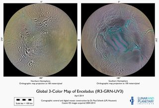 NASA's Cassini spacecraft took the images making up these new mosaics of Saturn's moon Enceladus during the vehicle's first ten years exploring the Saturn system.