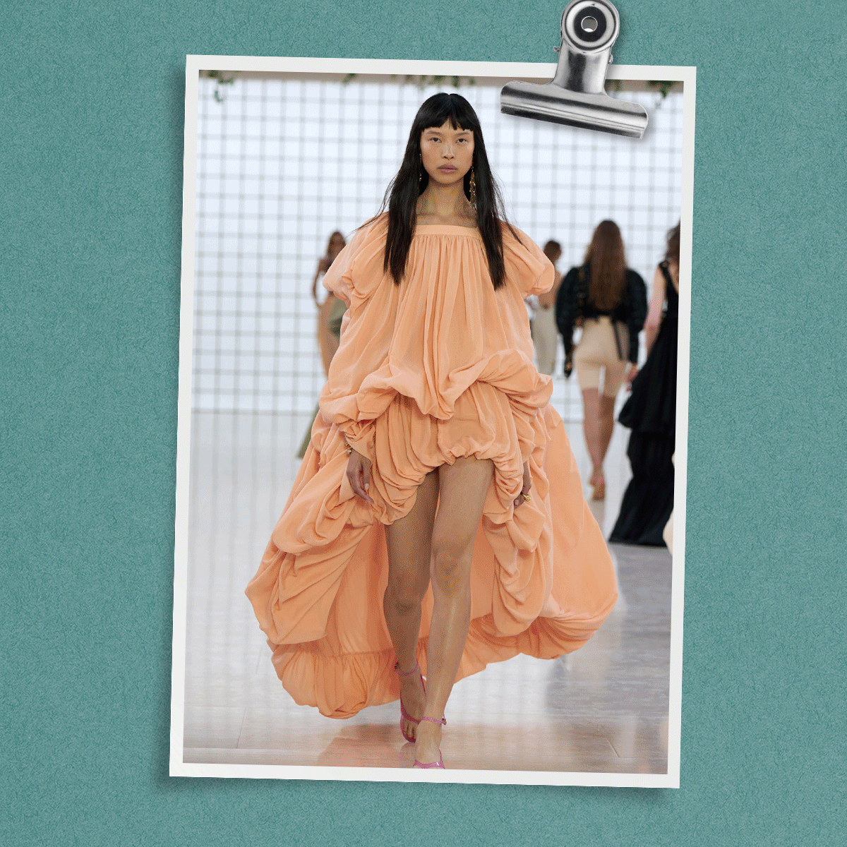 Collage of backstage and runway images from Tory Burch, Khaite, and Chloé.