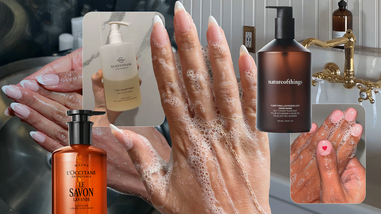 Photo collage of hand soaps and moisturized hands 