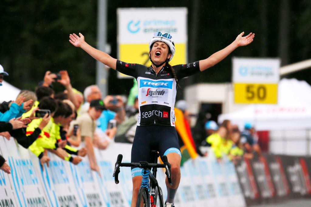 LENZERHEIDE SWITZERLAND JUNE 21 Lucinda Brand of The Netherlands and Team Trek Segafredo black points jersey stage winner during the 2nd Tour de Suisse Women 2022 Stage 4 a 985km stage from Chur to Lantsch Lenz tourdesuisse2022 on June 21 2022 in Lenzerheide Switzerland Photo by Heinz ZwickyGetty Images