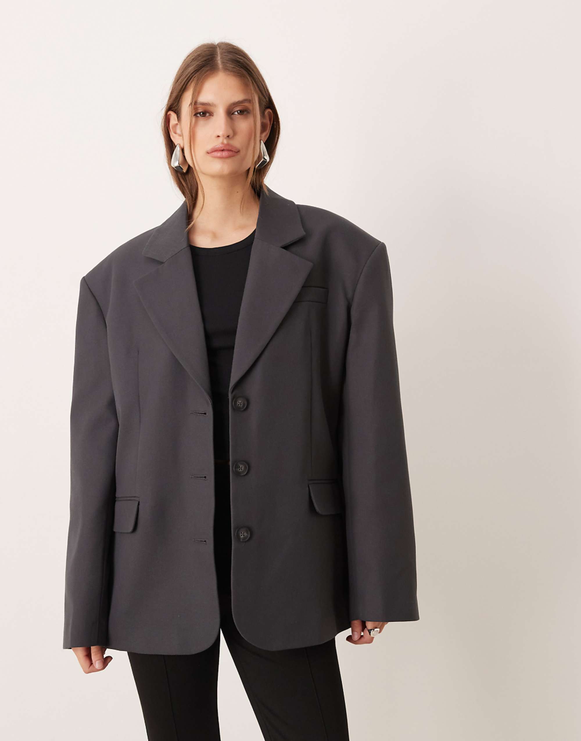 Asos Design Tailored Wool Blend Oversized Power Shoulder Blazer in Charcoal