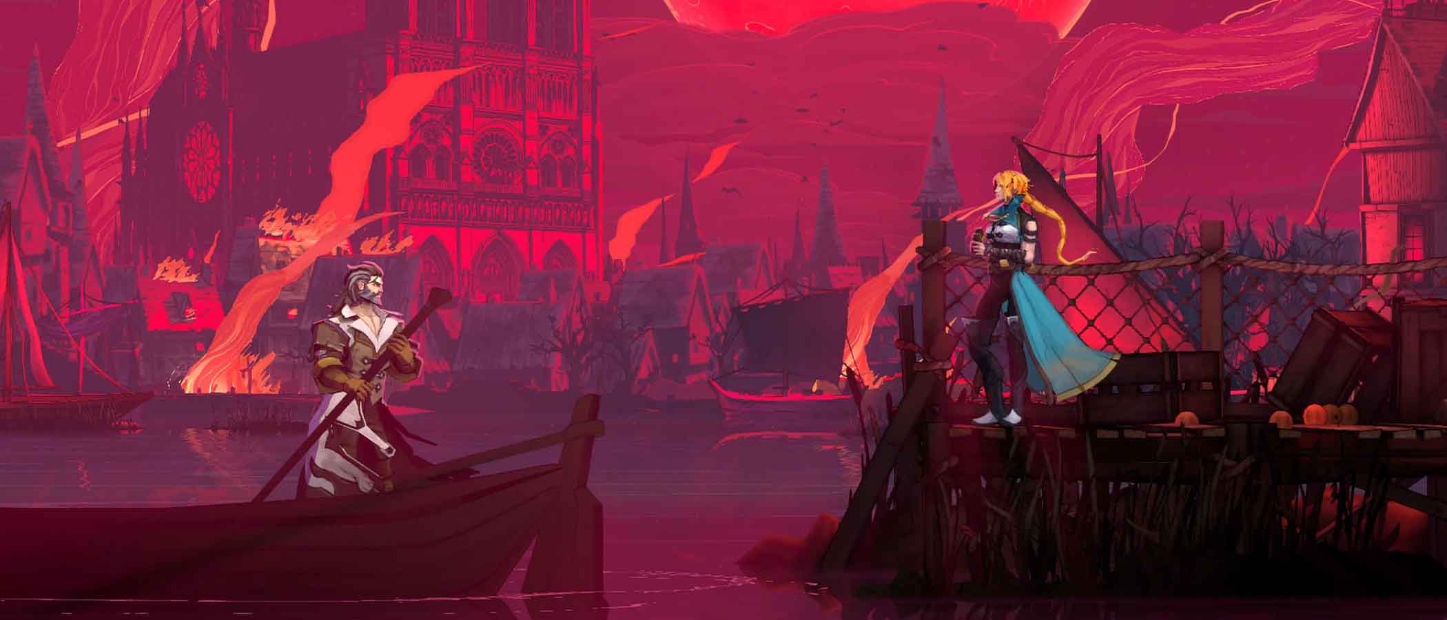 A screen from a Castlevania game showing a woman knight waiting for a boat