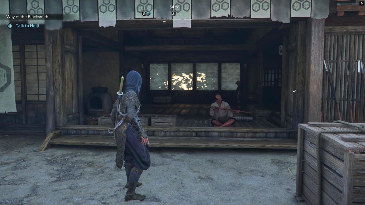 Assassin's Creed Shadows Heiji location Way of the Blacksmith - Naoe standing in front of Heiji's shop in Sakai.