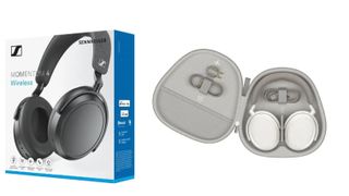 Sennheiser headphones in a case and box on white background