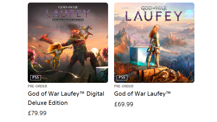 A screenshot from the PlayStation Store showing the pre-order listings for God of War Laufey