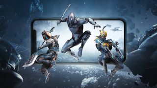 Characters from Warframe alongside an iPhone.
