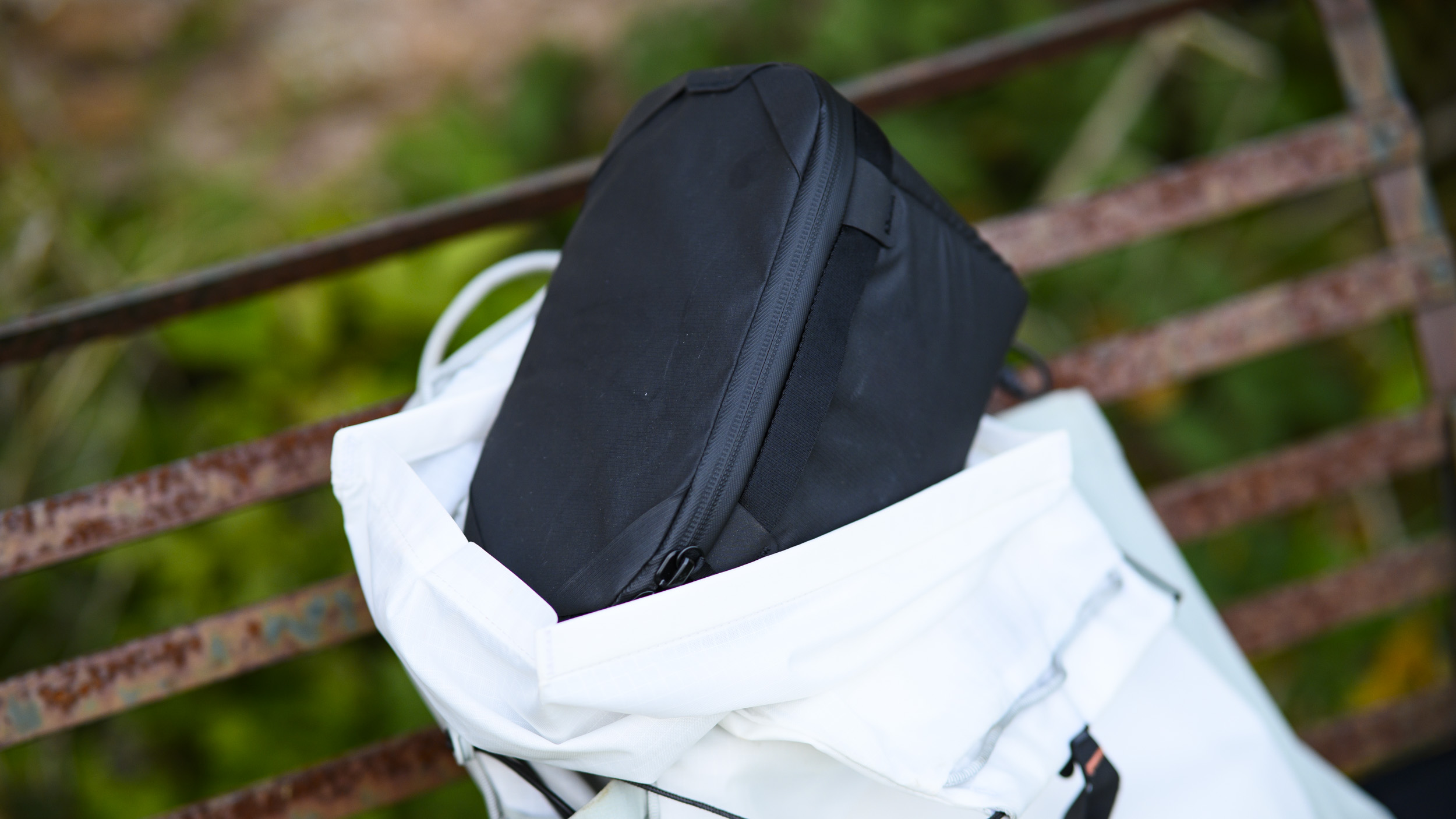 Close up of the Peak Design Outdoor Backpack 25L's open top with Camera Cube