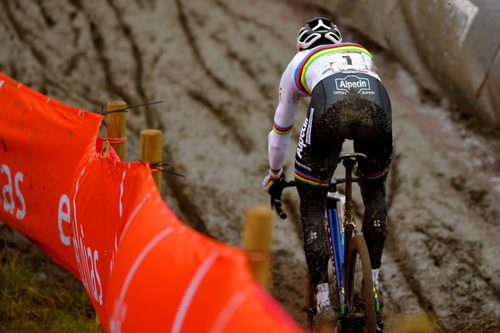 HULST NETHERLANDS JANUARY 03 Mathieu Van Der Poel of The Netherlands and Team AlpecinFenix Mud Detail view during the 5th Vestingcross World Cup 2021 Mens Elite CX Vestingcross CXWorldCup Hulst on January 03 2021 in Hulst Netherlands Photo by Luc ClaessenGetty Images