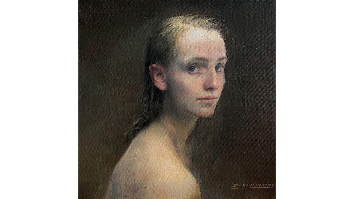 portrait painters; a woman looks at the viewer