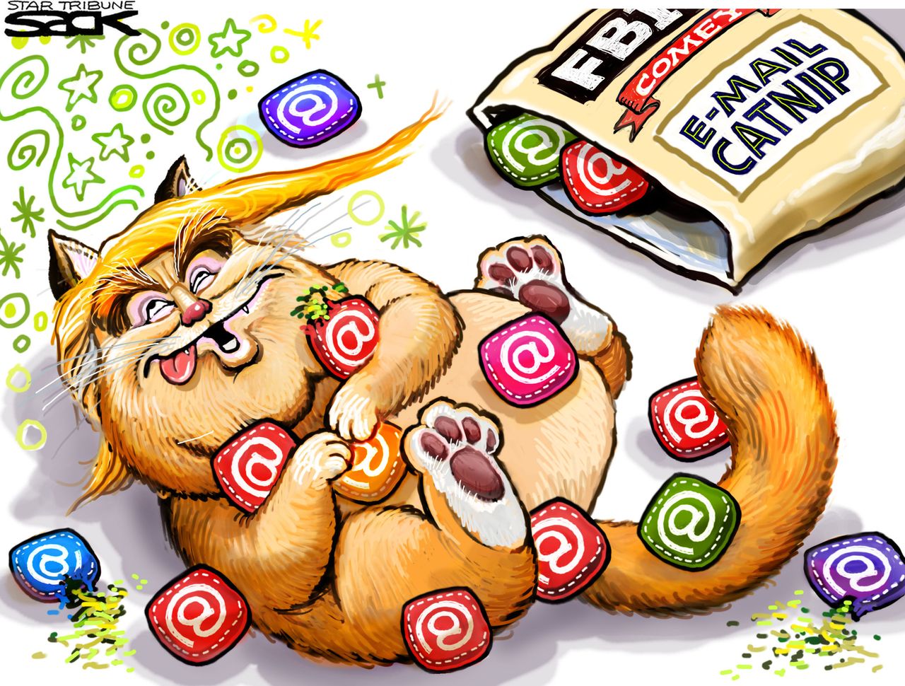 Political cartoon U.S. 2016 election Hillary Clinton Donald Trump email catnip