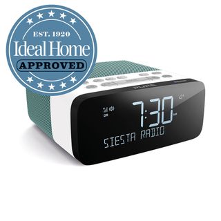 Green Pure Siest Risa alarm clock with Ideal Home Approved stamp