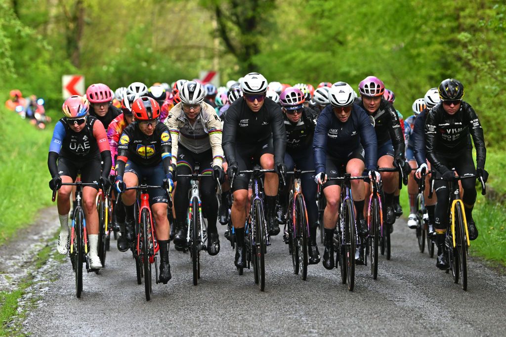 HUY BELGIUM APRIL 17 LR Mikayla Harvey of New Zealand and UAE Team ADQ Blanka Vas of Hungary and Team SD Worx Protime Amanda Spratt of Australia and Team Lidl Trek Lotte Kopecky of Belgium and Team SD Worx Protime Christina Schweinberger of Austria and Team FenixDeceuninck and Fem van Empel of The Netherlands and Team Visma Lease a Bike compete during the 27th La Fleche Wallonne Feminine 2024 a 146km one day race from Huy to Huy UCIWWT on April 17 2024 in Huy Belgium Photo by Luc ClaessenGetty Images