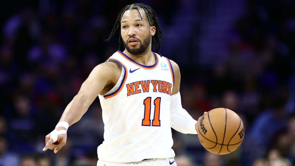 Jalen Brunson #11 of the New York Knicks dribbles during the third quarter against the Philadelphia 76ers at the Wells Fargo Center on February 22, 2024 