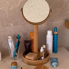 Skincare products on the vanity 