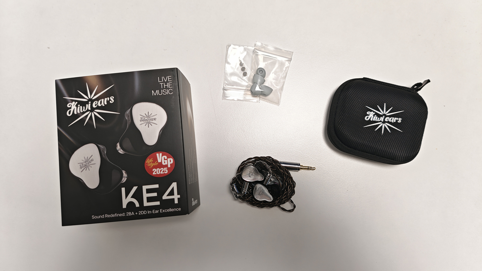 A selection of photos of the Kiwi Ears KE4 IEMs. 