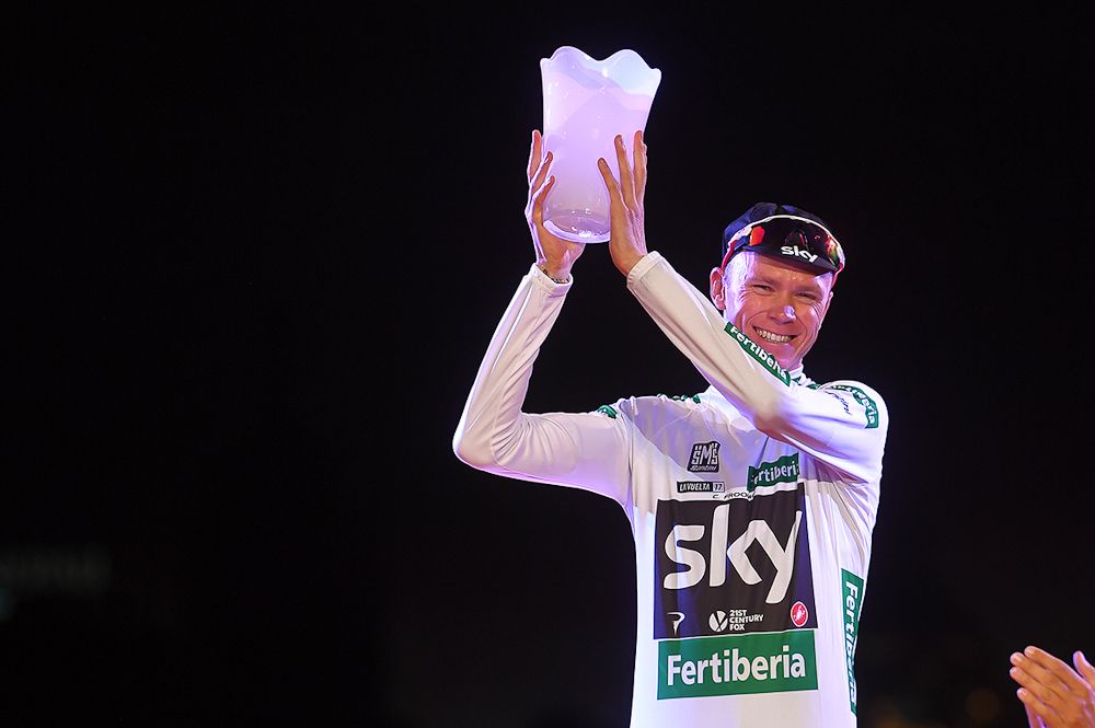 Chris Froome in the white combined classification jersey