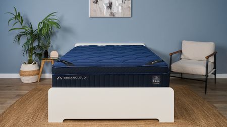 The image shows a navy blue mattress on a white bed frame, set within a muted blue bedroom