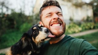 Dog licking a man in a green T-shirt