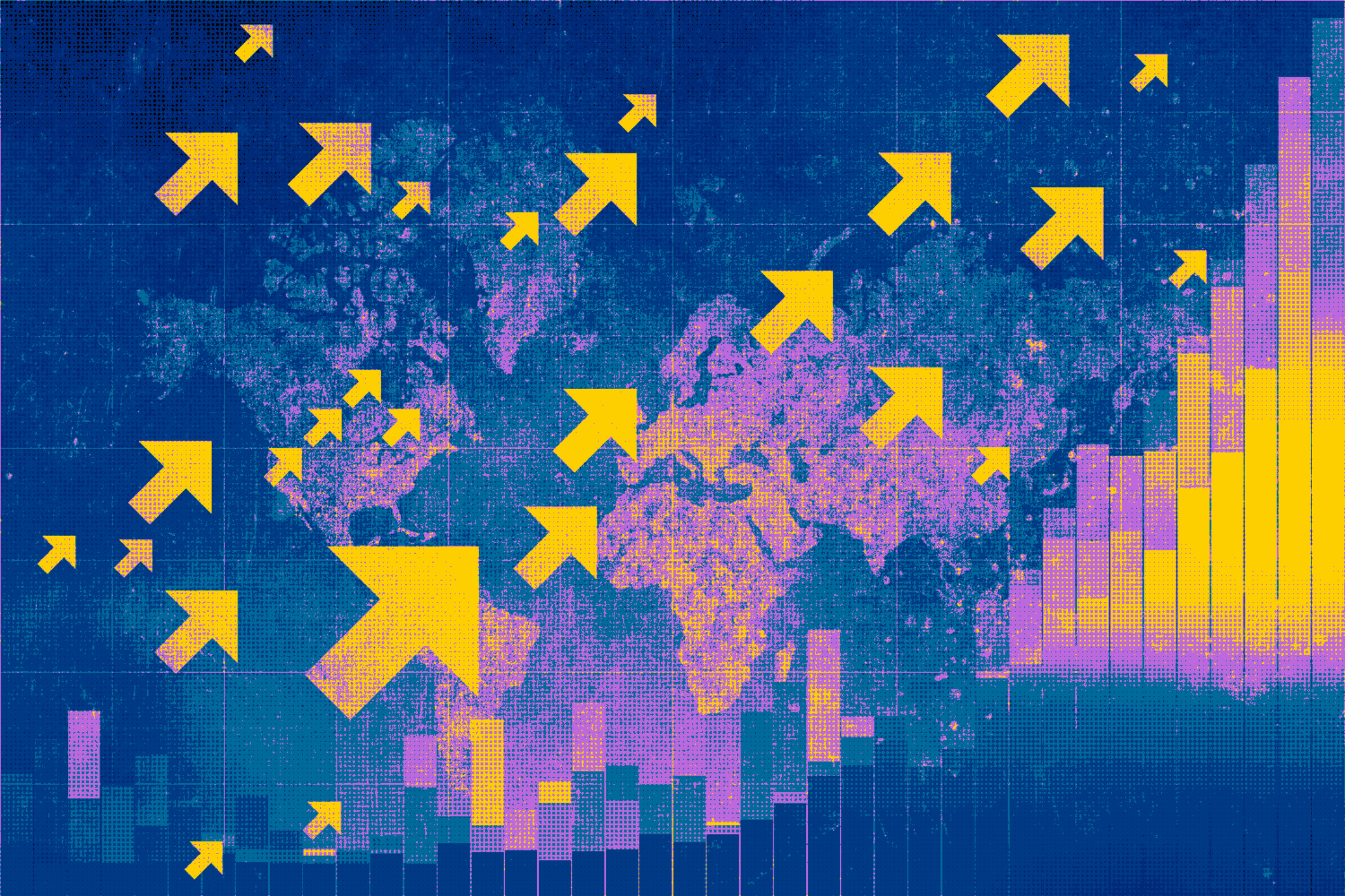 Upward pointing arrows over a world map signifying rising global dividends