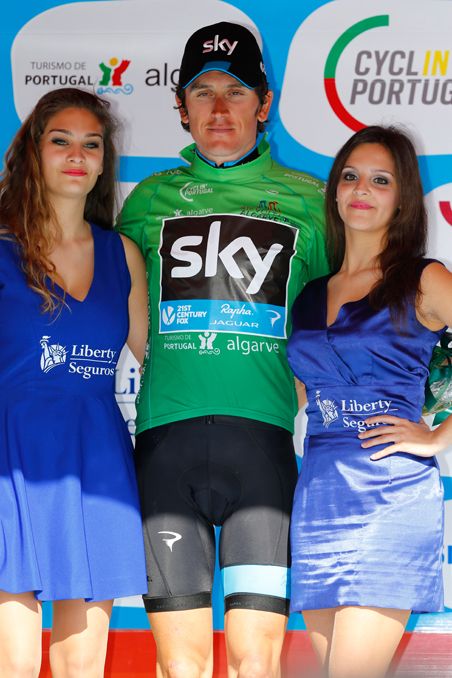 Geraint Thomas (Team Sky) in green in Algarve