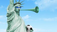 Illustration of the Statue of Liberty holding a football, blowing a vuvuzela and wearing stars and stripes sunglasses