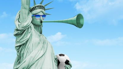 Illustration of the Statue of Liberty holding a football, blowing a vuvuzela and wearing stars and stripes sunglasses