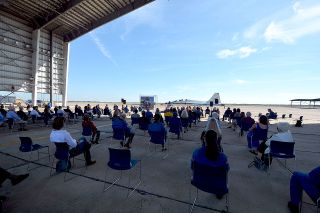 Astronauts, NASA managers and family members attended the naming ceremony for the Capt. John Young Hangar at Ellington Field in Houston on Tuesday, Oct. 19, 2021.