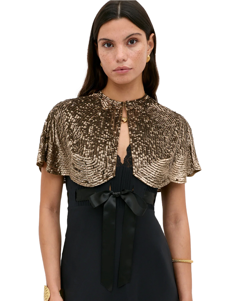 Black dress with gold beaded cape, Rixo