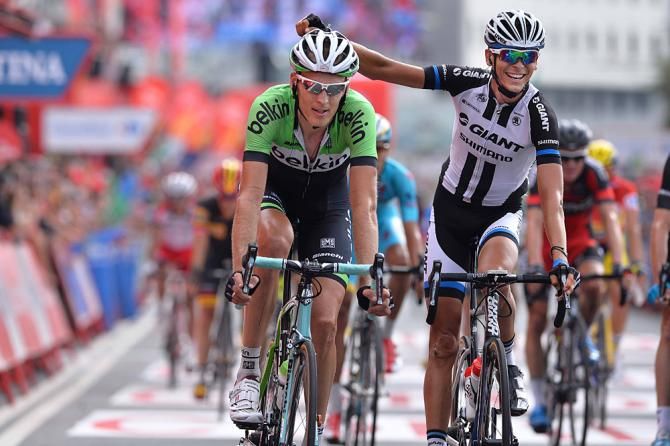 Warren Barguil celebrates for his Giant-Shimano teammate
