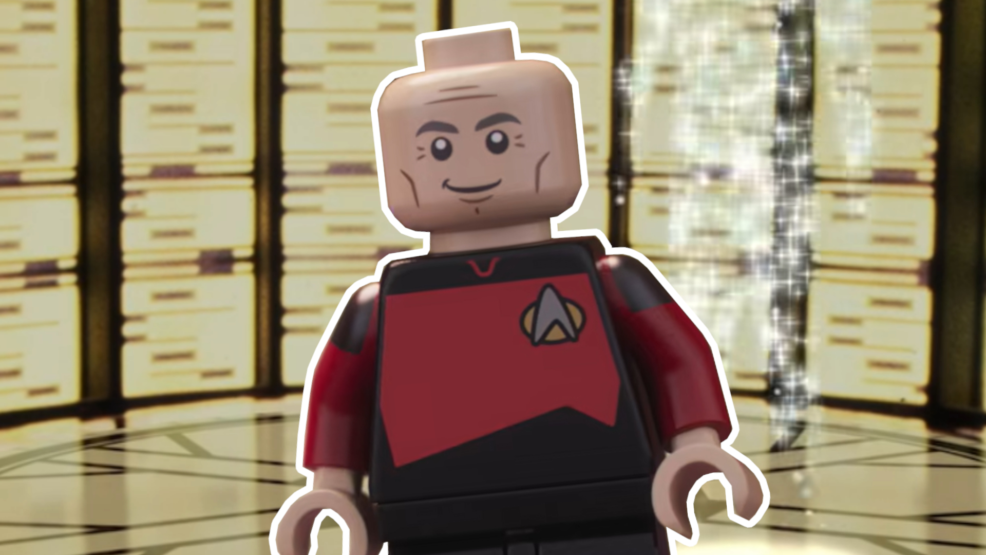 Lego Captain Picard minifigure against a transporter room background