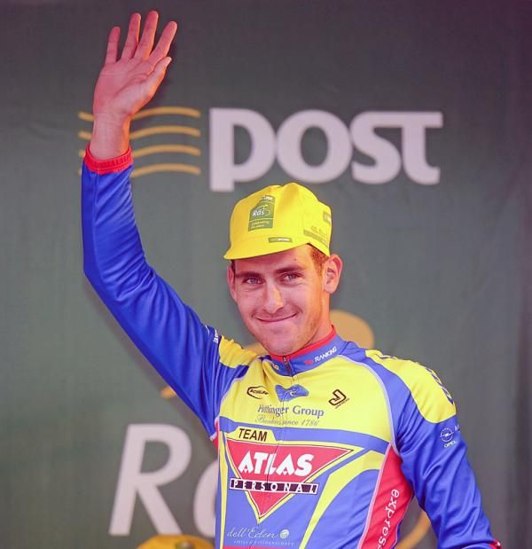 Stage 2 winner Pirmin Lang (Atlas Jakroo) is presented to the crowd after winning the second stage of the 2012 An Post R&aacute;s, into Gort.