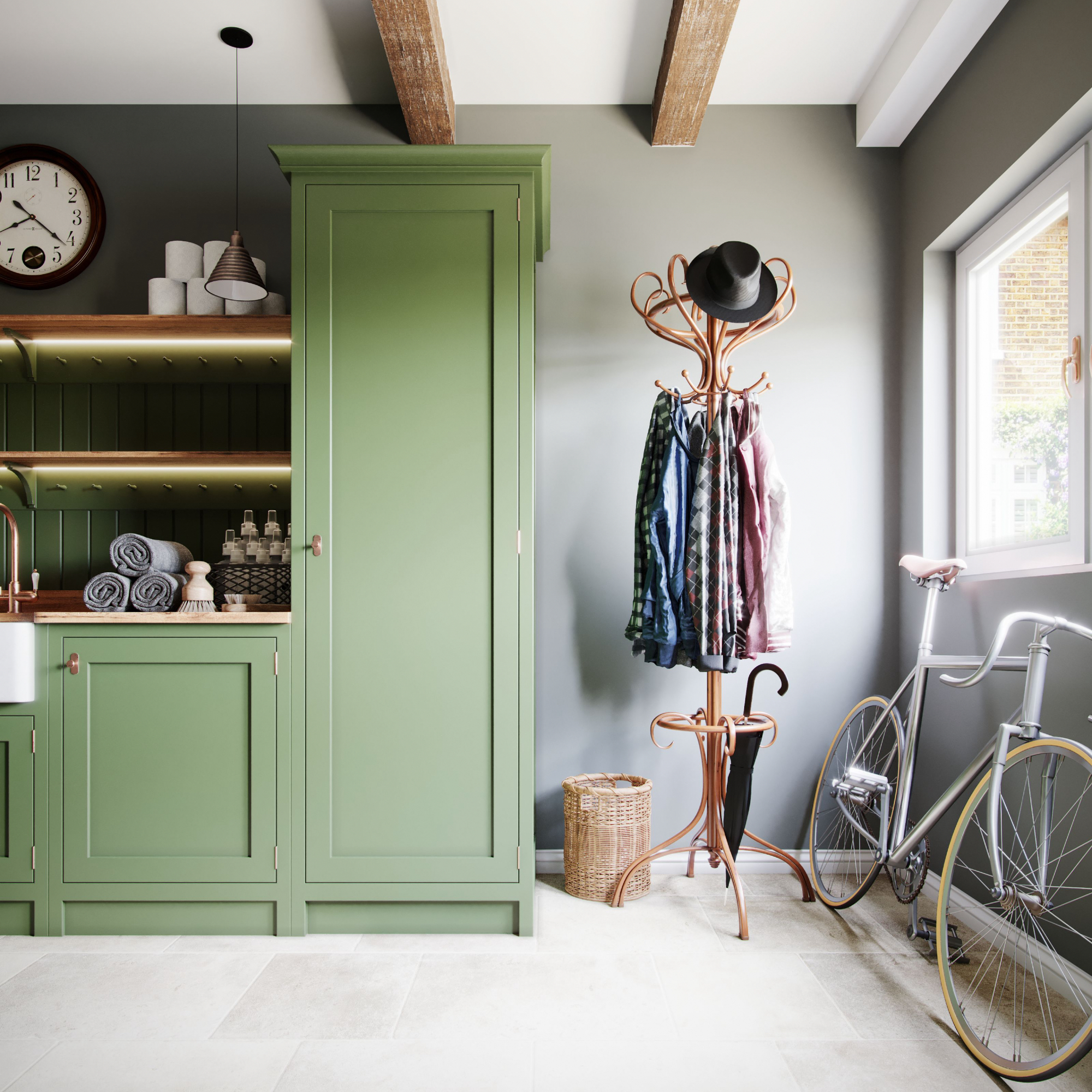 utility room colour ideas, green and grey utility room with bespoke cabinets white tiled floor, coat stand, bike