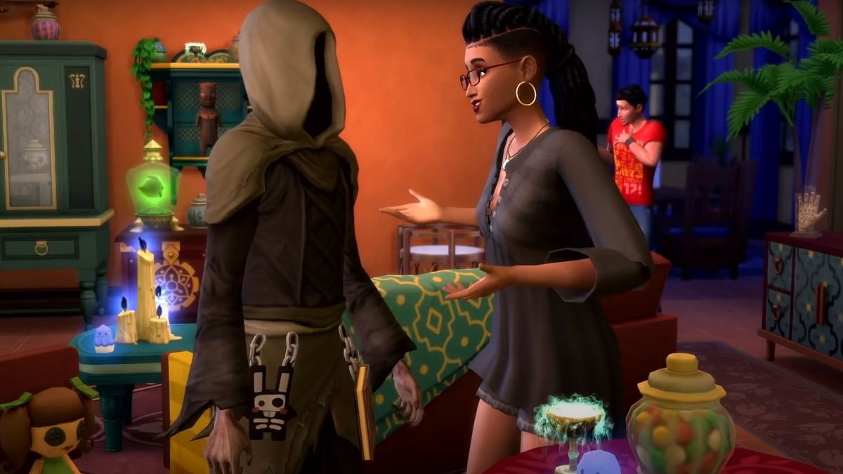 The Sims 4 - a Sim talks with the grim reaper