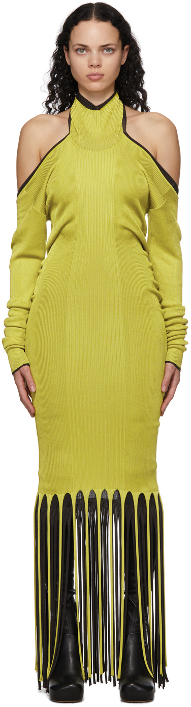 Green &amp;amp; Brown Viscose Twist Fringe Dress