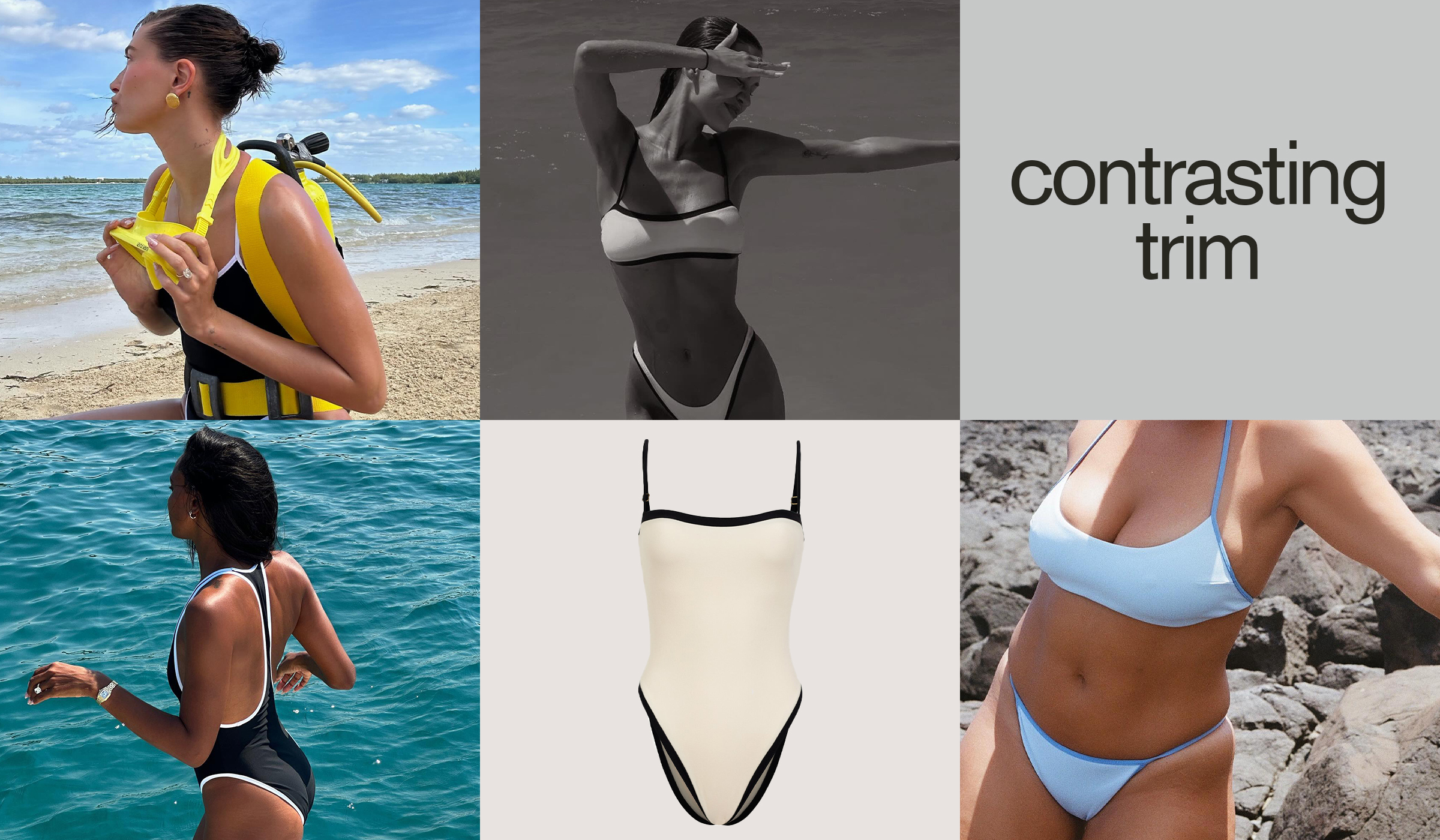 Collage of swimsuits that have contrasting colors with bold outlines